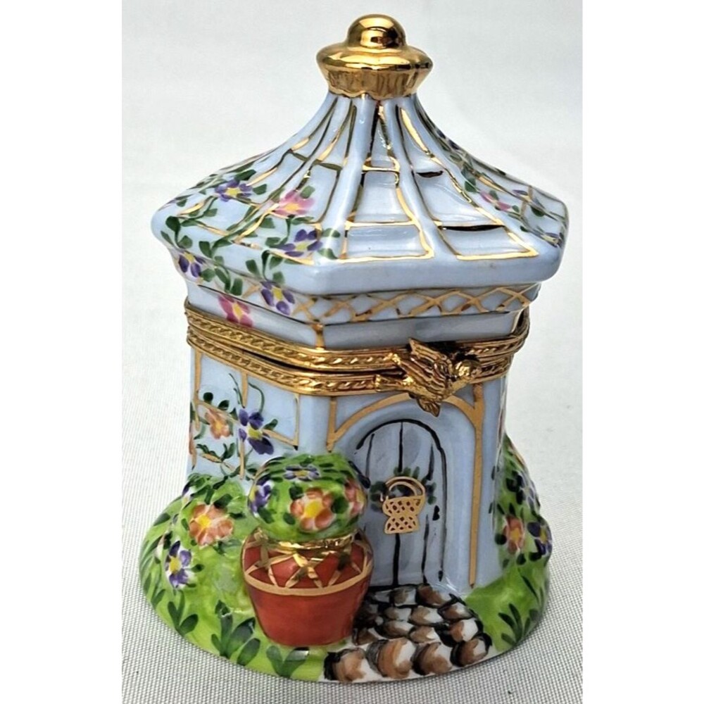 Atelier de Limoges Hand Painted Porcelain Gazebo Trinket Box w/ Potted Plant